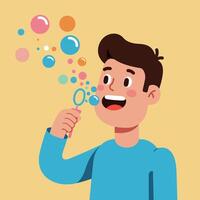 A cheerful young boy blowing colorful bubbles in a playful, flat design illustration vector