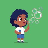 Child with curly hair blowing bubbles in a playful scene, flat illustration vector