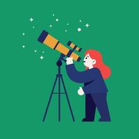 A girl observing stars through a telescope in a flat illustration with a green background vector