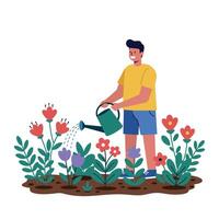A man watering colorful flowers in a vibrant garden using a green watering can illustration vector