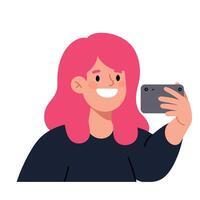 Smiling girl with pink hair taking a selfie in a flat illustration vector