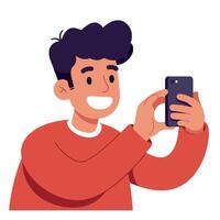 Young man smiling while taking a selfie with a smartphone in a flat illustration vector