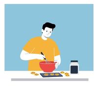 A man mixing cookie dough in a red bowl with a happy expression, flat illustration vector
