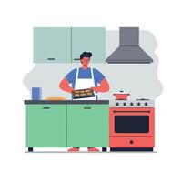 A man cooking cookies in a modern kitchen with flat design elements showcasing vibrant colors in art vector