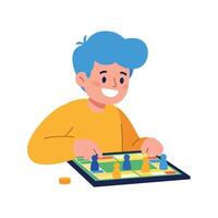 A cheerful boy playing a board game with colorful pieces in a flat illustration vector