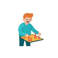 A cheerful boy playing a board game with bright colors and flat design art vector