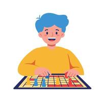 Happy boy playing chess with colorful pieces in a flat design illustration vector