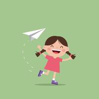 Happy girl with pigtails joyfully running and throwing a paper airplane in flat art vector