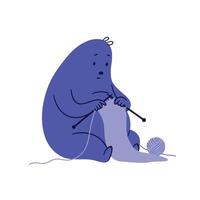 A cute, round character knitting with purple yarn in a minimal, whimsical style of art vector