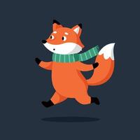 Playful orange fox wearing a green scarf joyfully running in a flat art style vector
