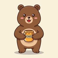 Cute brown bear holding a jar of honey in a playful, minimal illustration vector