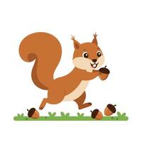 Happy squirrel running cheerfully with acorns in a vibrant flat illustration vector