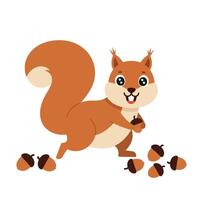 Playful cartoon squirrel gathering acorns in a flat design illustration vector