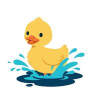 Cute yellow duckling splashing in water with joyful expression in flat art vector