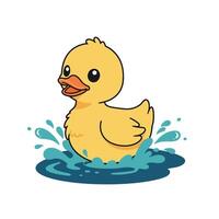 Cheerful yellow duckling splashing in water with playful waves in flat art vector