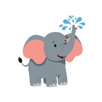 Playful baby elephant splashing water in a cheerful setting, flat illustration vector