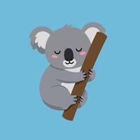 A cute koala happily hugging a brown branch in a flat style illustration vector