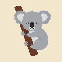 Cute koala hugging a tree branch in a flat, minimalist design illustration vector