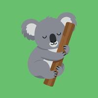 Cute koala hugging a brown branch in flat art style on a green background vector