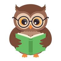 A wise owl wearing glasses happily reading a green book in a flat illustration vector