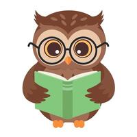 Cute brown owl wearing glasses reading a green book in a playful flat illustration vector