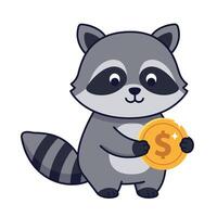 Cute raccoon holding a shiny gold coin in flat art style with a playful expression vector