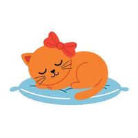 Orange cat with a red bow sleeping on a blue pillow in a flat illustration vector