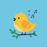 Cute yellow bird singing on a branch in flat art vector
