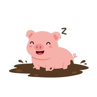 Happy pink piglet resting in muddy puddle, minimal art vector