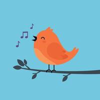 Cheerful orange bird singing joyfully on a branch in flat art vector