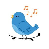 Happy blue bird singing on a branch in flat art vector
