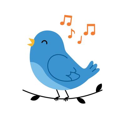 Happy blue bird singing on a branch in flat art