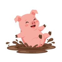 Happy pink pig joyfully splashing in muddy puddle in flat art vector
