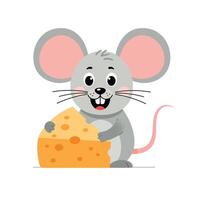 Cute cartoon mouse joyfully holding a piece of cheese in a flat illustration vector