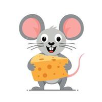Happy gray mouse with large ears holding a piece of cheese in flat art vector