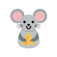 Cute cartoon mouse holding a piece of cheese in a flat illustration vector