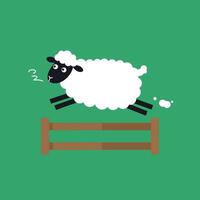 A playful sheep jumping over a wooden fence in a flat, colorful illustration vector