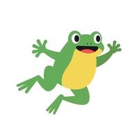 A cheerful green frog jumping joyfully in a flat, minimalist design illustration vector