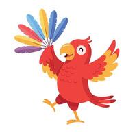 A cheerful red parrot dancing joyfully while holding colorful feathers in a vibrant flat art vector