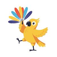 Cheerful yellow bird dancing with colorful feathers in a playful flat illustration vector