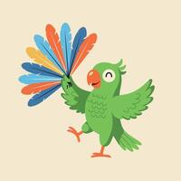 Green parrot joyfully displaying colorful feathers in a playful flat illustration vector