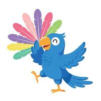 Cheerful blue parrot dancing joyfully with colorful feathers in a flat illustration vector