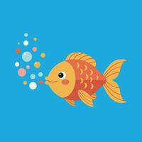 A cheerful goldfish swimming in a bright blue background with colorful bubbles, flat illustration vector
