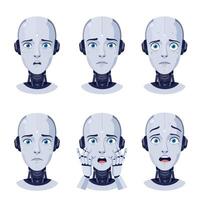 Six robot heads displaying various emotions in a flat illustration style vector