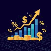 Financial growth chart with upward trend, gold coins, and currency symbols in flat art vector