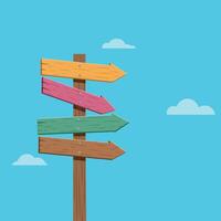 Colorful wooden signpost with multiple arrows pointing in different directions, flat art vector