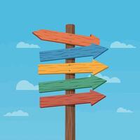Colorful wooden directional signpost with arrows pointing in various directions in flat art vector