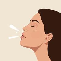 Woman exhaling gently with closed eyes in a minimalistic style, showcasing serene expression in illustration vector