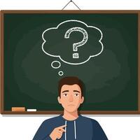Young man pondering in front of green chalkboard with thought bubble, flat illustration vector