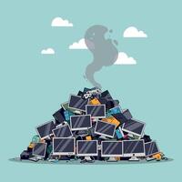 Pile of obsolete computers emitting smoke in a flat illustration vector